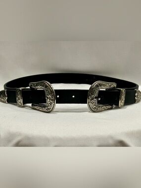 B-Low The Belt Genuine Leather Double Buckle Belt M Black Floral Silver